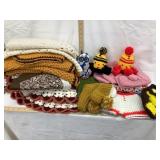 Box of Knit & Crocheted Doilies, Mittens,