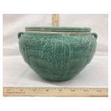 Ornate Green Glaze Stoneware Planter W/ Stoneware