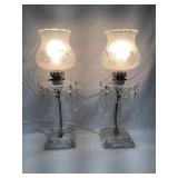 (2) Matching Glass Dresser Lamps w/ Crystals,