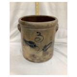 Early 3 Gal. Salt Glazed Crock w/ Cobalt Flower