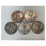 (5) Walking Liberty Silver Half Dollars