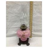 Hand Painted Pink Glass Kerosene Lamp w/ Cast