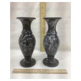 (2) Etched Marble Vases, 8" T