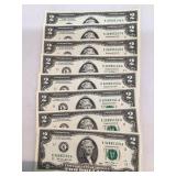 (8) 2013 Consecutive Serial Numbered $2 Bills