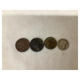 (2) Buffalo Nickels, (1) Mercury Dime, (1) Wheat