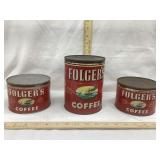 (3) Vintage Folgers Coffee Tins, (2) 1 Lb & (1) 2