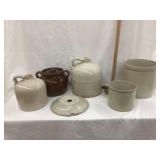 (6) Stoneware Pieces, All w/ Damage & Wood