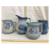 (4) Blue & White Stoneware Pitchers, Base & Rim