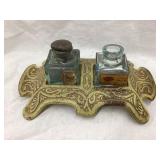 Cast Iron Double Ink Well w/ (2) Diamond Glass