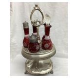 Cranberry Crute Set w/ Holder, Stoppers Chipped,