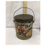 Plow Boy Tobacco Tin w/ Partial Paper Label, 6"T