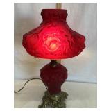 Fenton Red Satin Glass Parlor Lamp w/ Rose