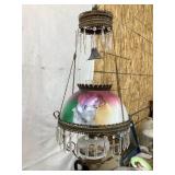 Ornate Hanging Oil Lamp w/ Hand Painted Shade &