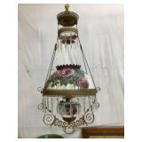 Ornate Hanging Oil Lamp w/ Hand Painted Shade &