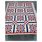 Vintage Hand Stitched Red, White & Blue Quilt,