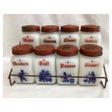 Vintage Dutch Milk Glass (8) Spice Set w/ Wire
