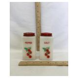 White Milk Glass S & P Shakers w/ Cherry Design,