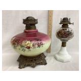 (2) Kerosene Lamps, (1) Hand Painted, 9"T