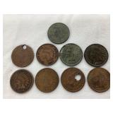 (9) Indian Head Pennies, Various Dates &