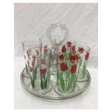 Vintage Glass Drink Caddy w/ (6) Tulip Juice