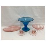 (3) Pink Depression Pieces, Tray has Rim Chips &