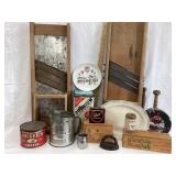 Vintage Kitchen Items, Tins, (2) Wood Kraut