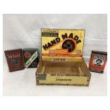(3) Pocket Tobacco Tins & Vintage Cigar Box