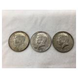 (3) 40% Silver Kennedy Half Dollars, 1966-67-68
