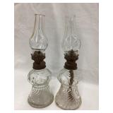 (2) Small Glass Oil Lamps, 8"T