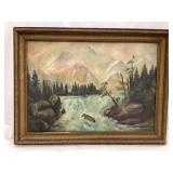 Vintage Signed  Mountains and Waterfall Framed