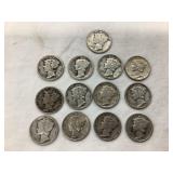 (13) Silver Mercury Dimes, Various Dates &