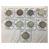 (9) 80% Silver Canadian 50 cent Coins, Various