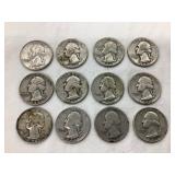 (12) Silver Washington Quarters, Various Years &