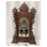 Ornate Gilbert Wood Mantel Clock w/ Key, 22"T