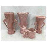 (4) Vintage Pink Ceramic Vases, (1) w/ Dog
