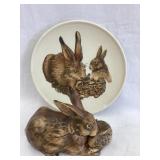 Goebel Rabbit Figurine, Ear Chip, 4"T & Plate, 7