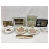 Wisconsin Adv. Plates, Framed Thermometers, etc.,