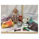 Vintage Mostly Plastic Toy Dishes & (2) Dolls,