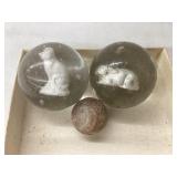 (3) Vintage Marbles, (2) Shooters w/ Cat & Bunny,