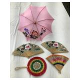 (4) Vintage Fans & Small Parasol