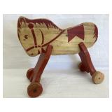 Primitive Wood Horse Toy, Replaced Wheel, 10