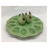 Vintage Ceramic Chicken Deviled Egg Tray & Salt &