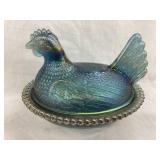 Blue Iridescent Hen on a Nest, Rim Chip, 7"L