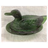 Green Glass Duck on a Nest, 9"L, Tail Chip