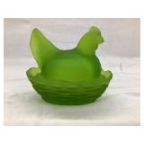 Westmoreland Frosted Green Glass Hen on a Nest,