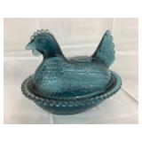 Cornflower Blue Glass Hen on a Nest, 7'L