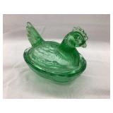 Green Glass Hen on a Nest, Rim Chips, 2 1/2ï¿½T, 3