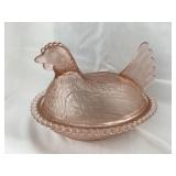 Pink Depression Glass Hen on a Nest, Rim & Comb