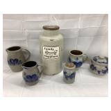 (6) Modern Stoneware Pieces, (5) w/ Cobalt Design