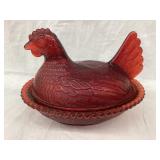 Ruby Red Glass Hen on a Nest, 7"L